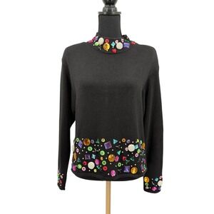 Lisa Nichols‎ Black Rhinestone Embellished Mock Neck Knit Sweater P L